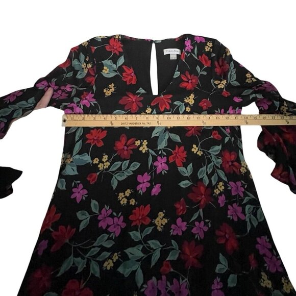 Calvin Klein Casual Dress Women's Size 2 Black Floral Flowy Ruffle Bell Sleeve - Picture 3 of 5